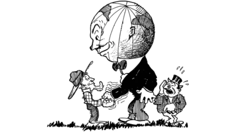 Caricatura en blanco y negro que representa de forma satírica la influencia global en contextos de propaganda y guerra política. En el centro, una figura alta y dominante con cuerpo humano y cabeza en forma de globo terráqueo, vestido de traje y moño, simboliza el poder global o una superpotencia. Este personaje sonríe mientras estrecha la mano de un hombre campesino, de aspecto rural y sencillo, que parece entregarle un frasco con humo o vapor, sugiriendo manipulación o engaño. A la derecha, un tercer personaje con sombrero de copa y expresión de alarma se lleva las manos al rostro, como advirtiendo o reaccionando al intercambio. La imagen ilustra gráficamente las dinámicas de sharp power, la propaganda y la guerra política, donde la manipulación de percepciones, la seducción ideológica y el uso estratégico de la información impactan asimétricamente a los actores más vulnerables, mientras otros observan con preocupación o desconcierto.