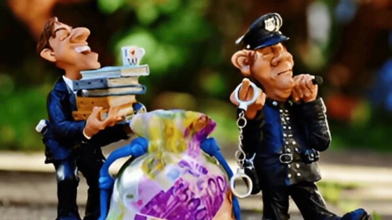 Figura caricaturesca que representa a un hombre de negocios sonriente, vestido con traje azul y sosteniendo una pila de libros contables y una taza, mientras a su lado un policía con expresión seria sostiene unas esposas y observa atentamente. Entre ambos, hay un gran saco de dinero con billetes de colores sobresaliendo, dando la impresión de evasión fiscal o corrupción. La escena tiene un tono satírico y exagerado, lo que refuerza la crítica implícita sobre cómo ciertas figuras aprovechan vacíos legales o arreglos fiscales ventajosos. Esta imagen ilustra visualmente el concepto de el impuesto conveniente, aludiendo a prácticas donde el sistema tributario beneficia a unos pocos en detrimento del bien común.