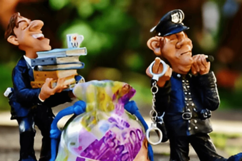 Figura caricaturesca que representa a un hombre de negocios sonriente, vestido con traje azul y sosteniendo una pila de libros contables y una taza, mientras a su lado un policía con expresión seria sostiene unas esposas y observa atentamente. Entre ambos, hay un gran saco de dinero con billetes de colores sobresaliendo, dando la impresión de evasión fiscal o corrupción. La escena tiene un tono satírico y exagerado, lo que refuerza la crítica implícita sobre cómo ciertas figuras aprovechan vacíos legales o arreglos fiscales ventajosos. Esta imagen ilustra visualmente el concepto de el impuesto conveniente, aludiendo a prácticas donde el sistema tributario beneficia a unos pocos en detrimento del bien común.